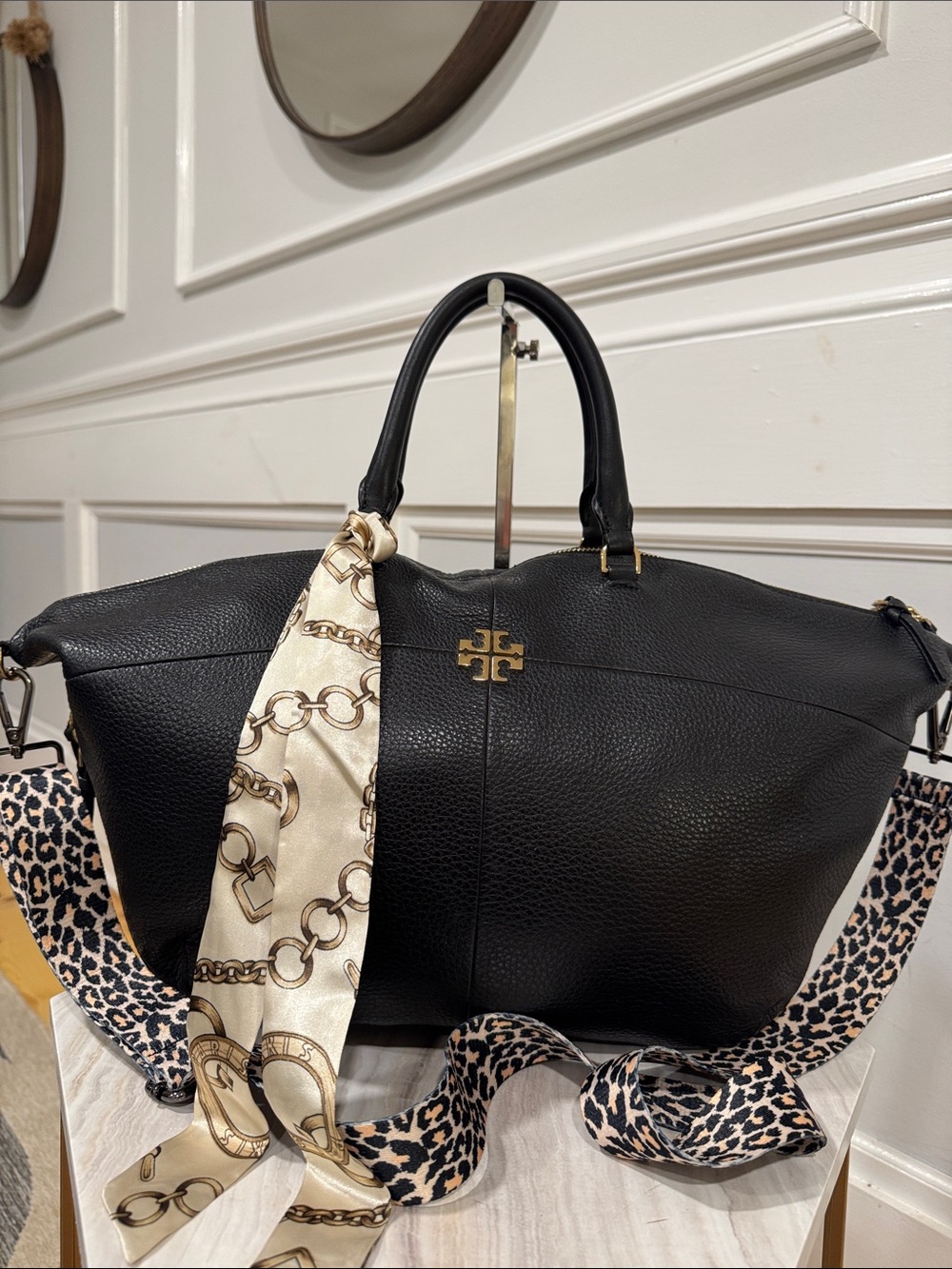 Tory Burch Bag Ivy Slouchy Black Leather Satchel with Leopard Crossbody Strap - Picture 4 of 17